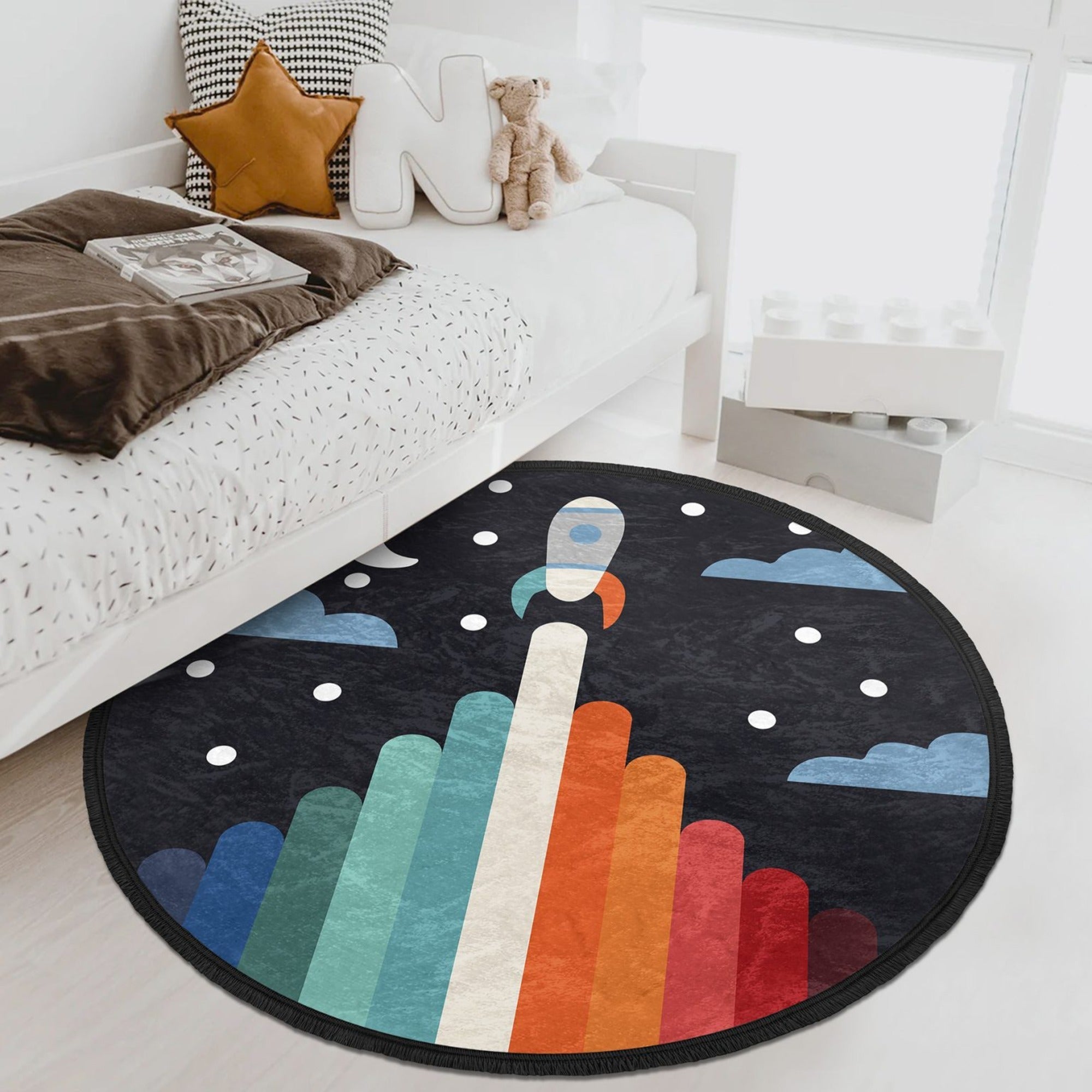 Space Rocket Kids Room Area Rug, Nursery Room Space Patterned Round