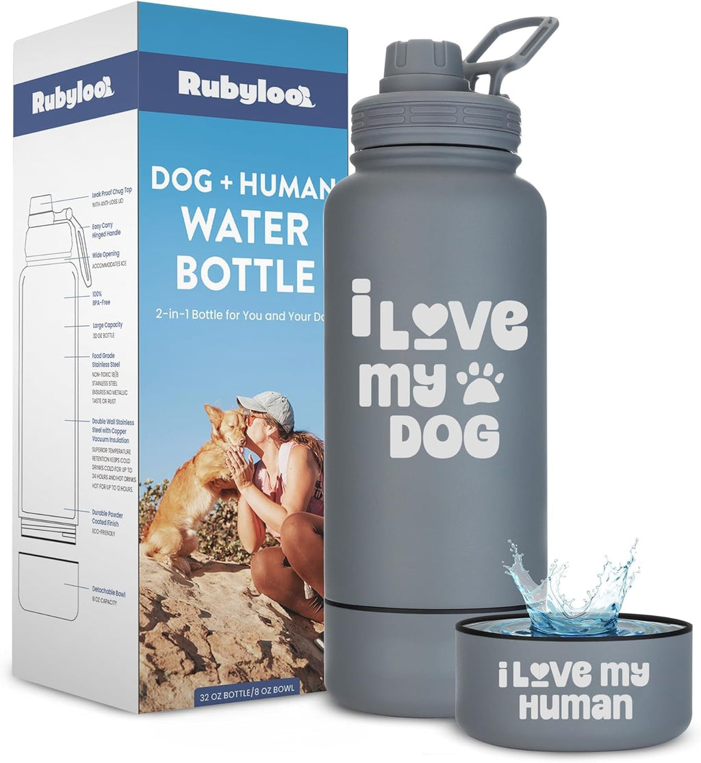 Dog Mom Water Bottle 32oz Insulated Stainless Steel with Dog Bowl Travel