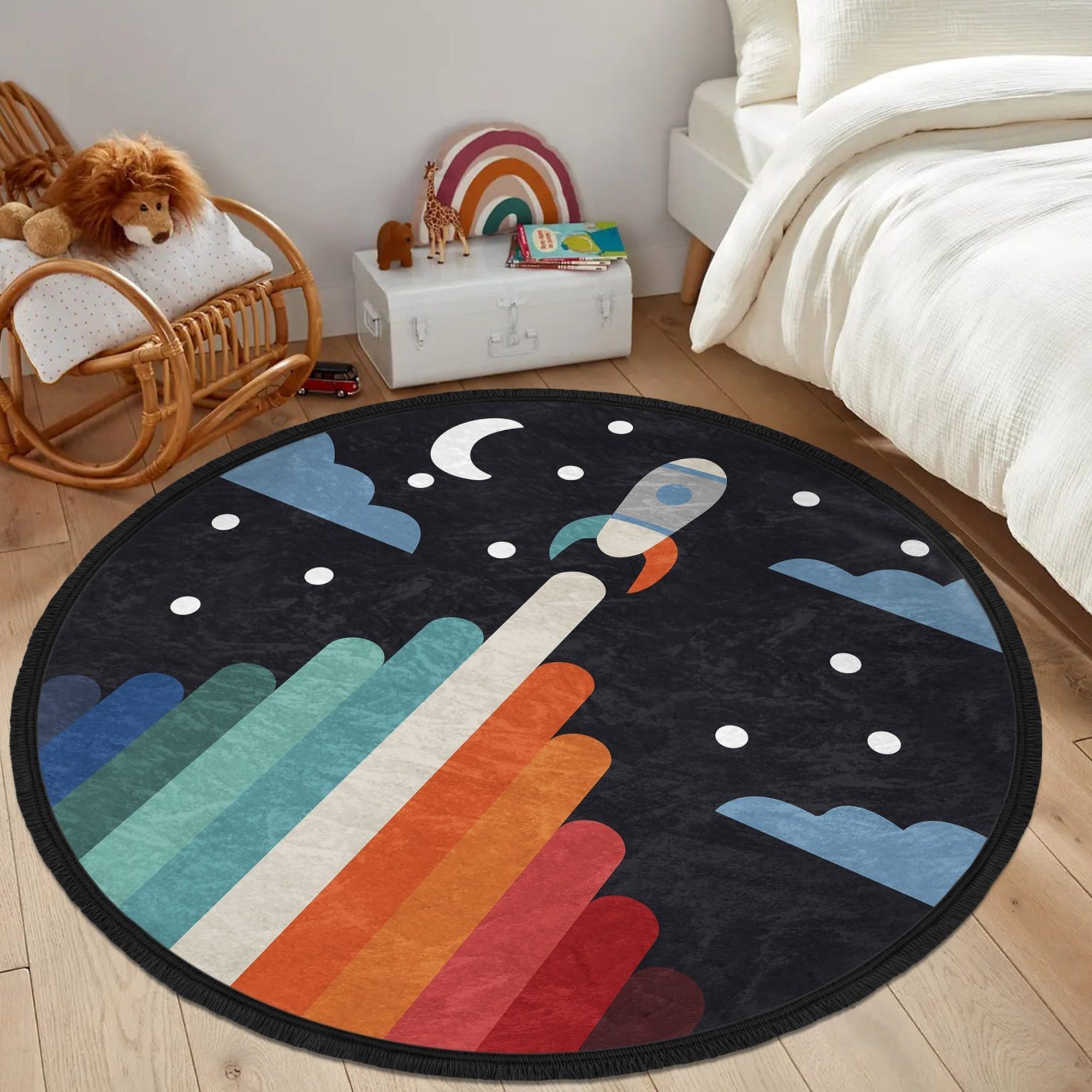 Space Rocket Kids Room Area Rug, Nursery Room Space Patterned Round