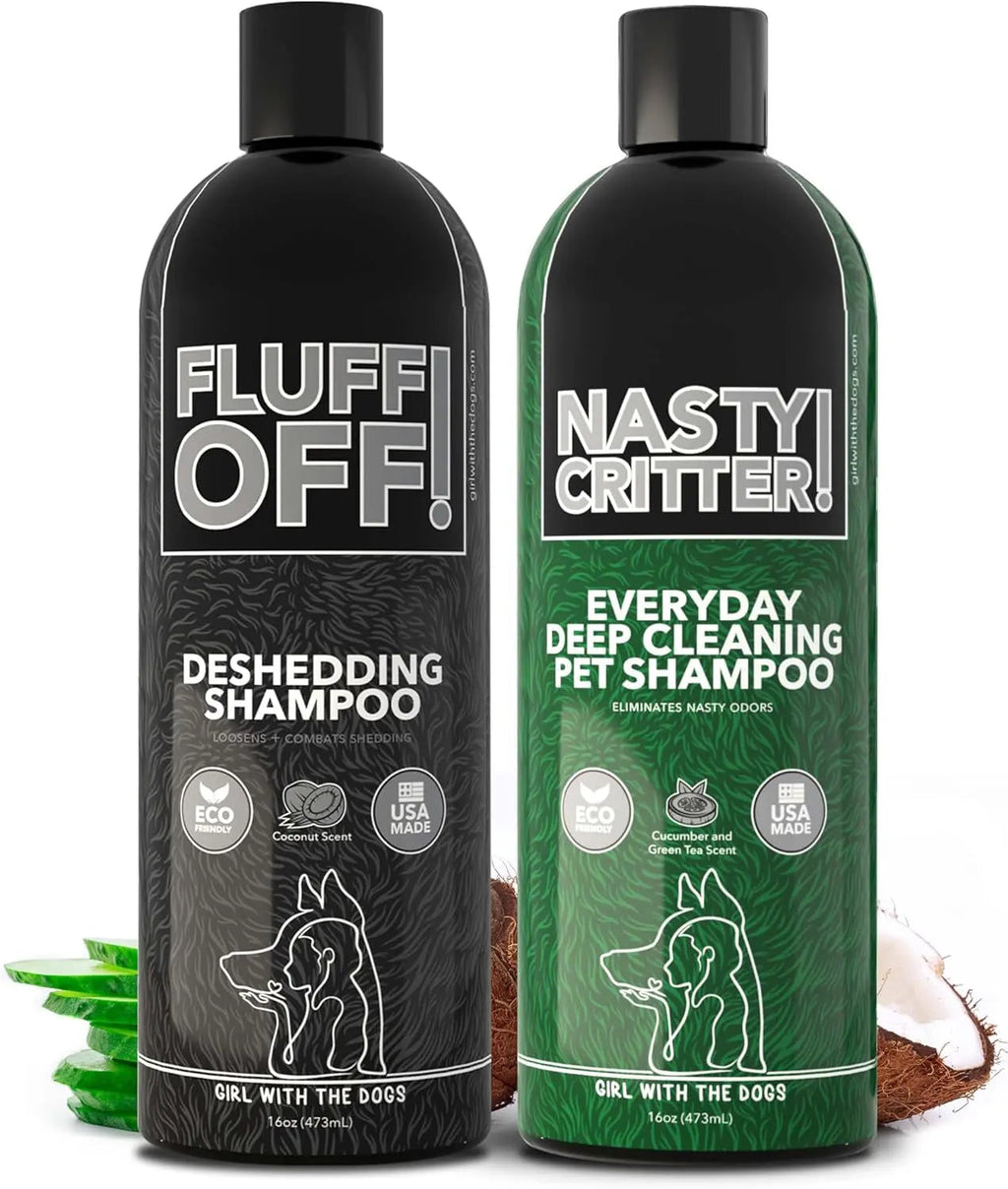 Fluff Off & Nasty Critter Dog Shampoo Set – Deshedding & Deep Clean 16 oz Each
