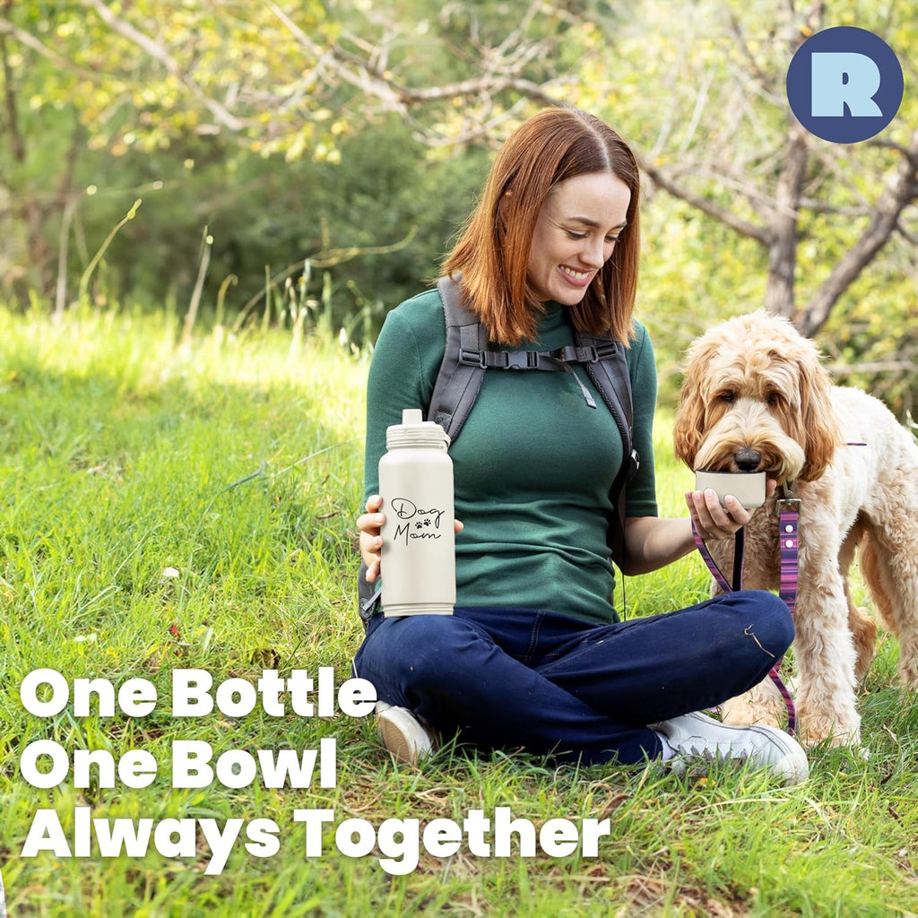 Dog Mom Water Bottle 32oz Insulated Stainless Steel with Dog Bowl Travel