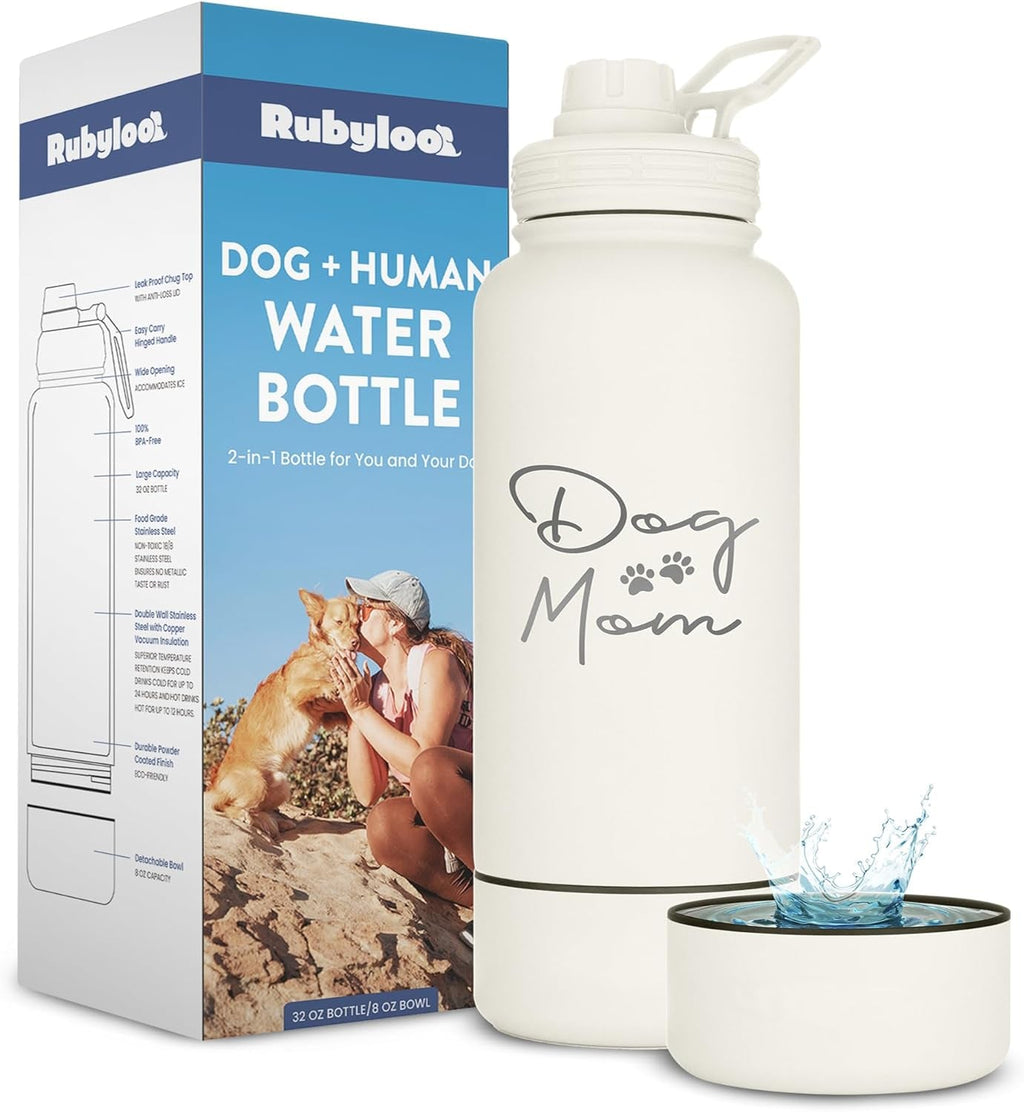 Dog Mom Water Bottle 32oz Insulated Stainless Steel with Dog Bowl Travel